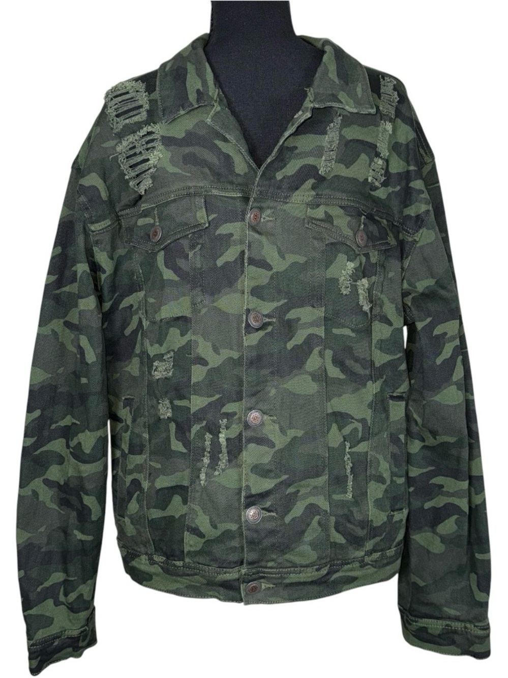 Copper Rivet Green Camo Denim Jacket Distressed Grunge Y2K Streetwear Mens Large